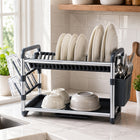 Aluminium 2-Tier Dish Drying Rack with Cutlery & Cup Holders - Silver & Grey