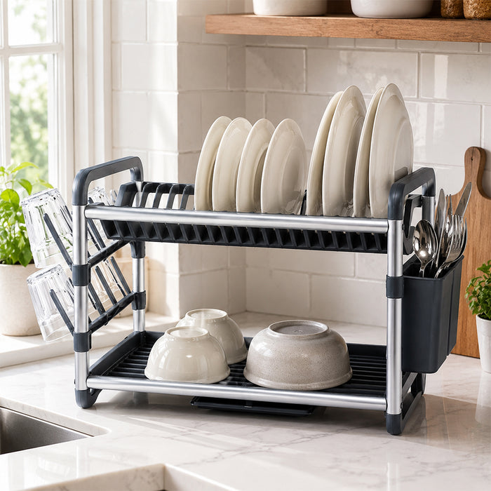 Aluminium 2-Tier Dish Drying Rack with Cutlery & Cup Holders - Silver & Grey