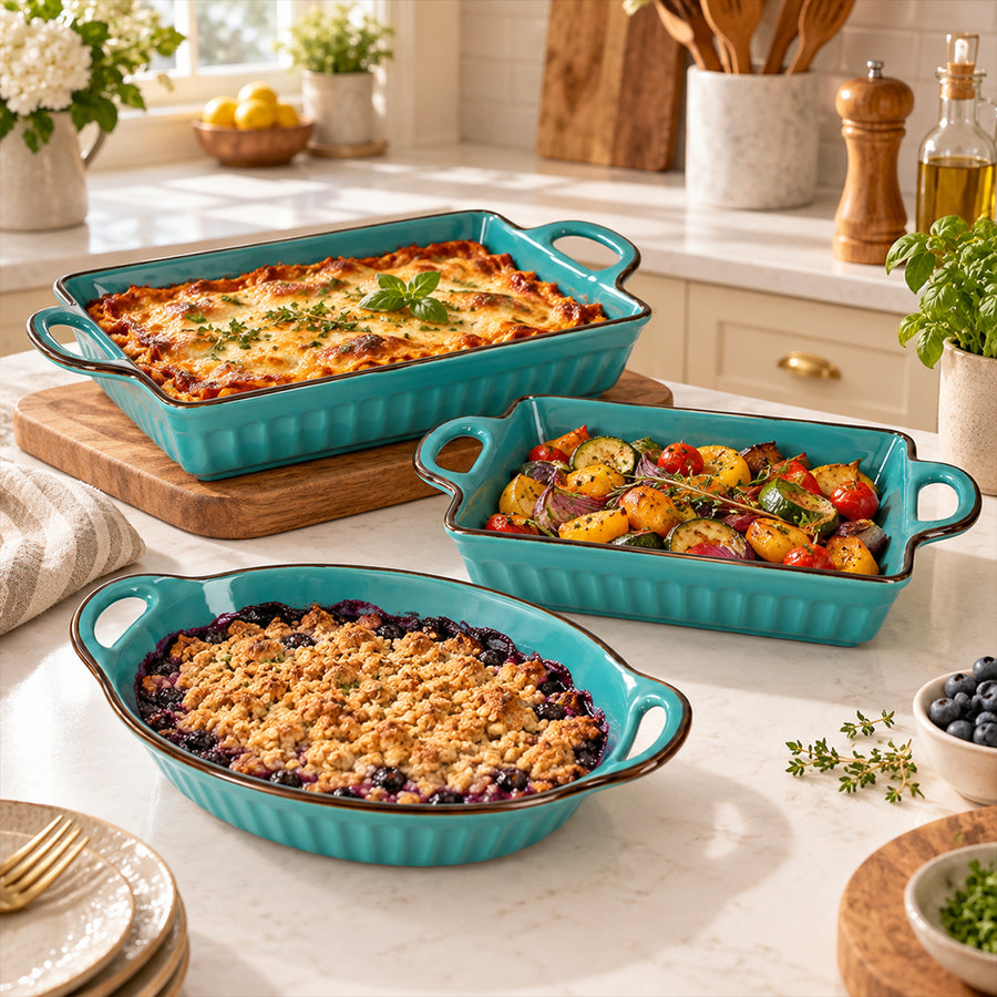 3-Piece Turquoise Ceramic Casserole Bakeware Set