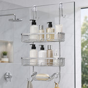 2-Tier Aluminium Hanging Shower Shelf with Soap Tray & Hooks - Silver