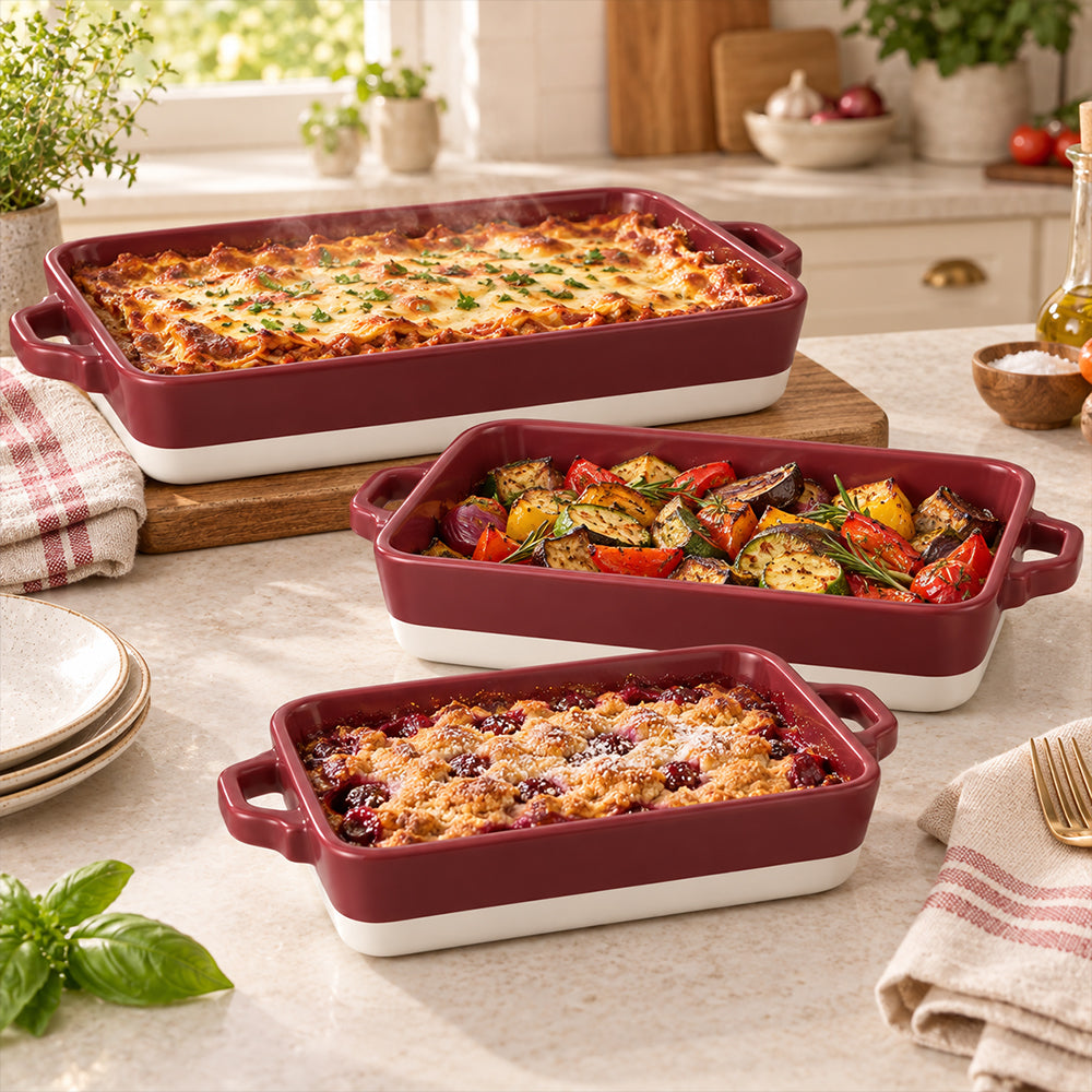 3-Piece Rectangular Ceramic Casserole Bakeware Set