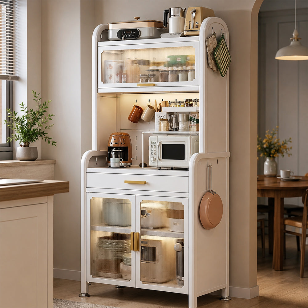 5 Layers Kitchen Pantry Cabinet with Microwave Shelf, Drawer & Fluted Doors - 70cm