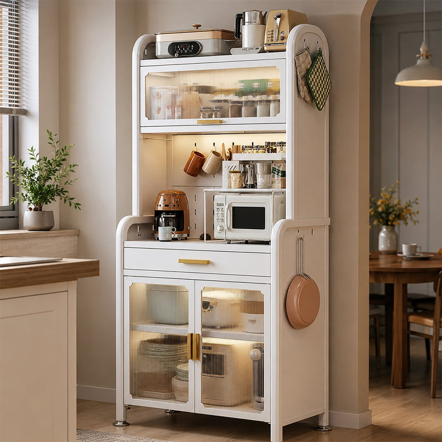 5 Layers Kitchen Pantry Cabinet with Microwave Shelf, Drawer & Fluted Doors - 70cm