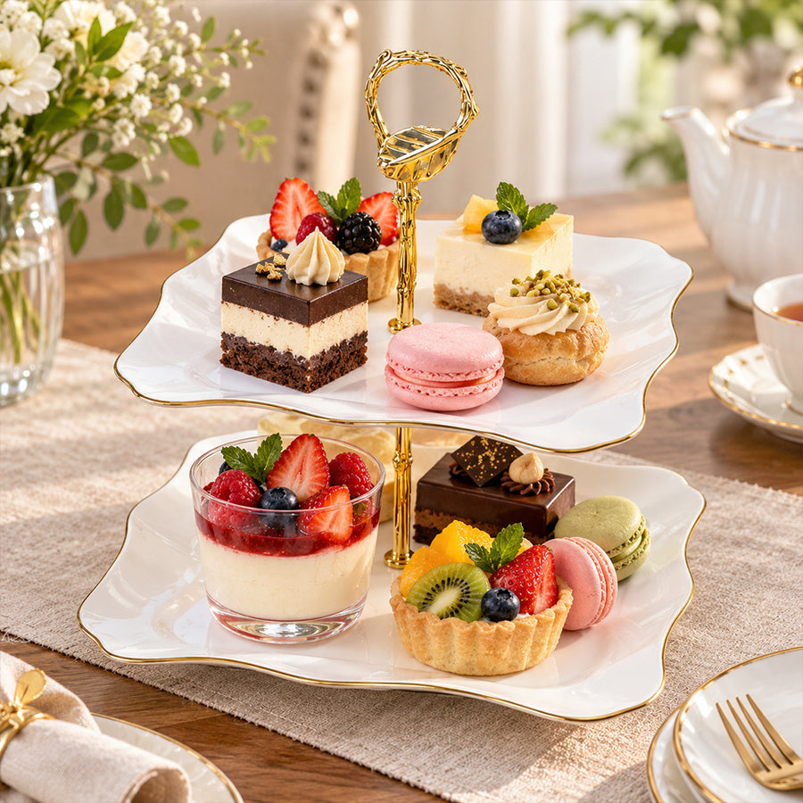 2-Tier Opal Glass Dessert Serving Stand with Gold Rim - 12 Inch