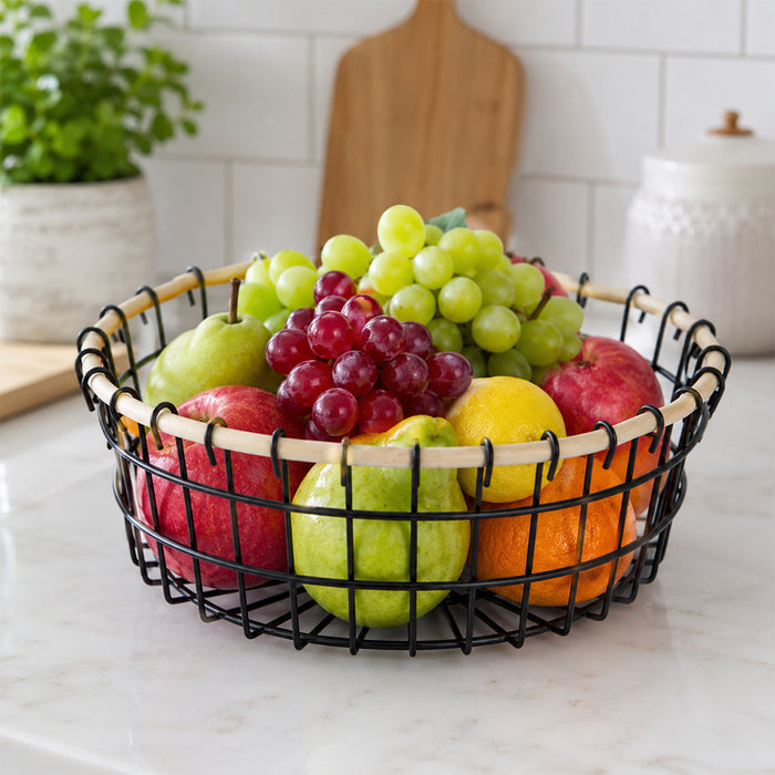 Round Black Metal Fruit Basket with Wooden Rim for Kitchen Counter