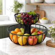 2-Tier Round Fruit Basket Stand – Black Metal Countertop Fruit Bowl