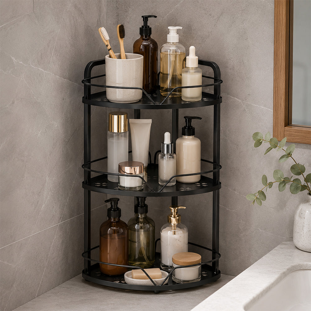 3-Tier Iron Corner Storage Rack Bathroom & Kitchen Organiser - Black