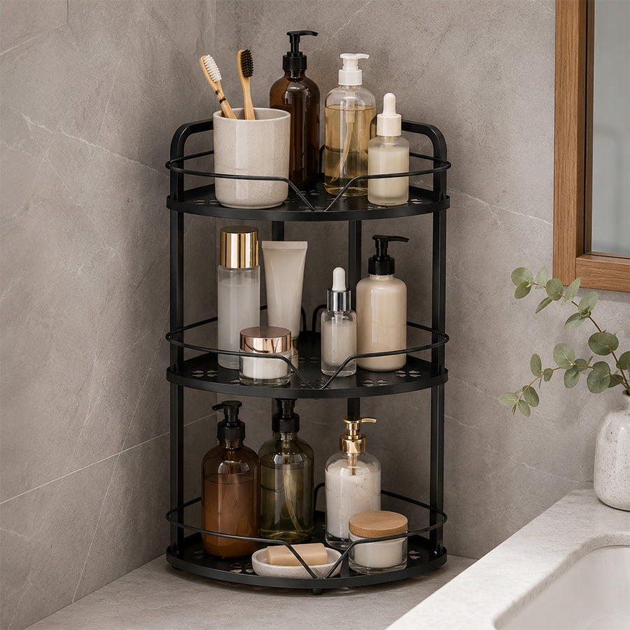 3-Tier Iron Corner Storage Rack Bathroom & Kitchen Organiser - Black