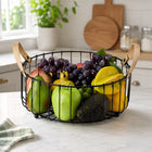 Round Metal Fruit Basket with Wooden Handles - Black