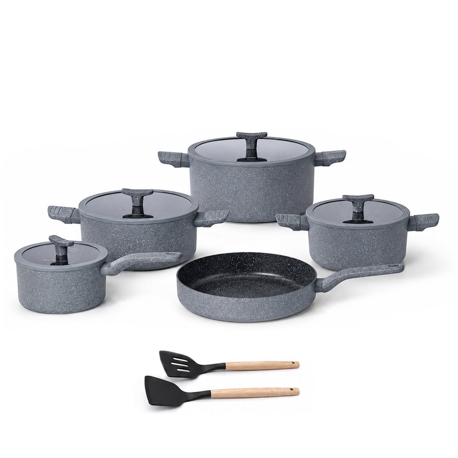 11-Piece Granite Cookware Set with Glass Lids and Cooking Utensils