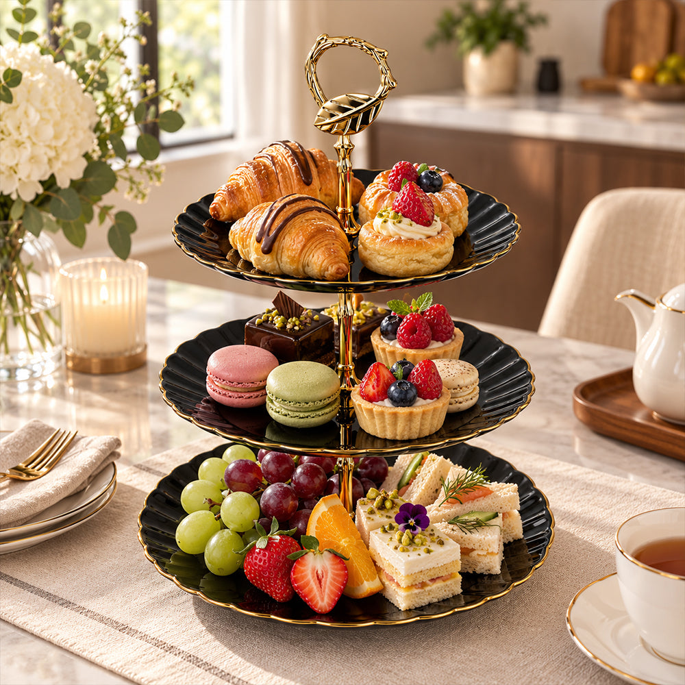 3-Tier Opal Glass Dessert Serving Stand with Gold Rim - Black, 10 Inch