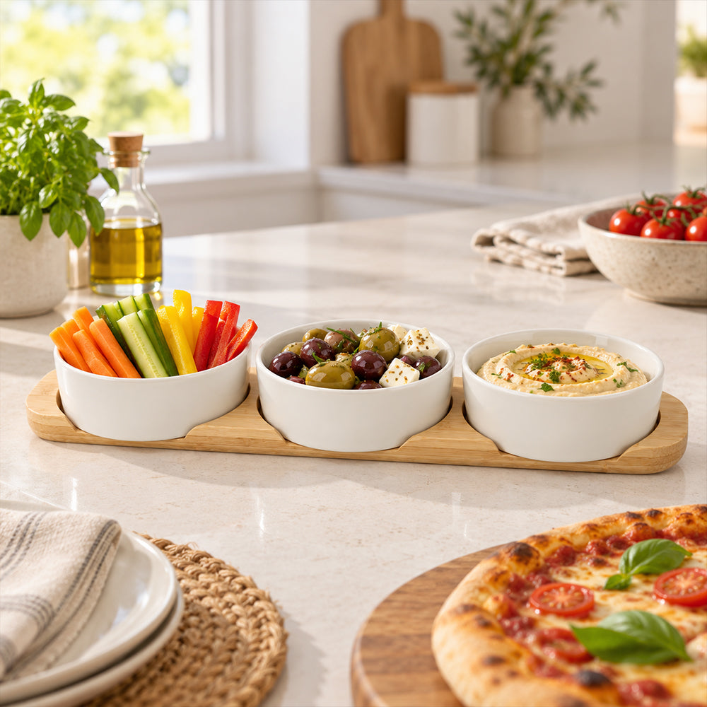 4-Piece Bamboo Tray & Ceramic Serving Bowl Set