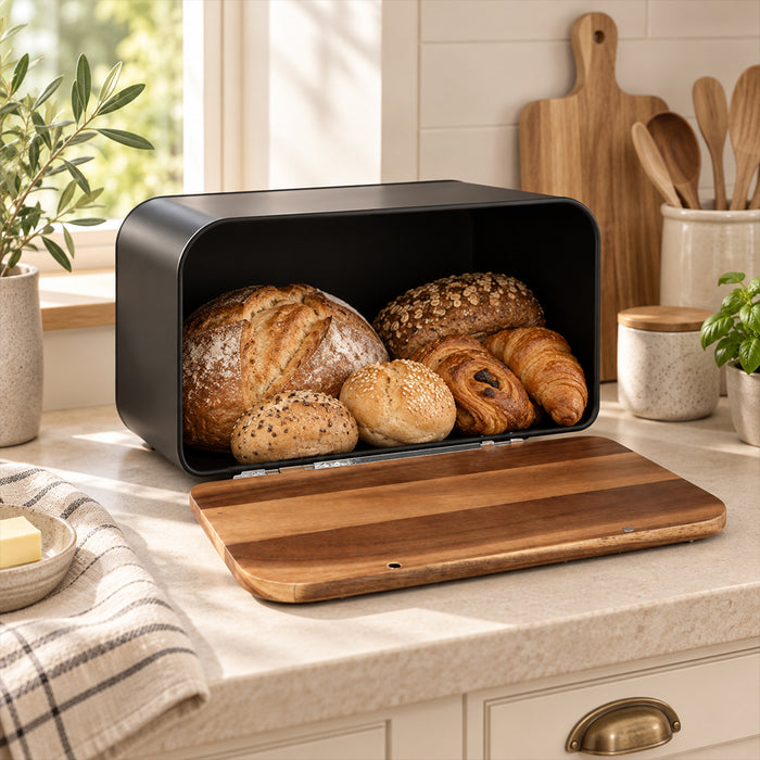 Stainless Steel Bread Bin with Wooden Lid 35.4cm