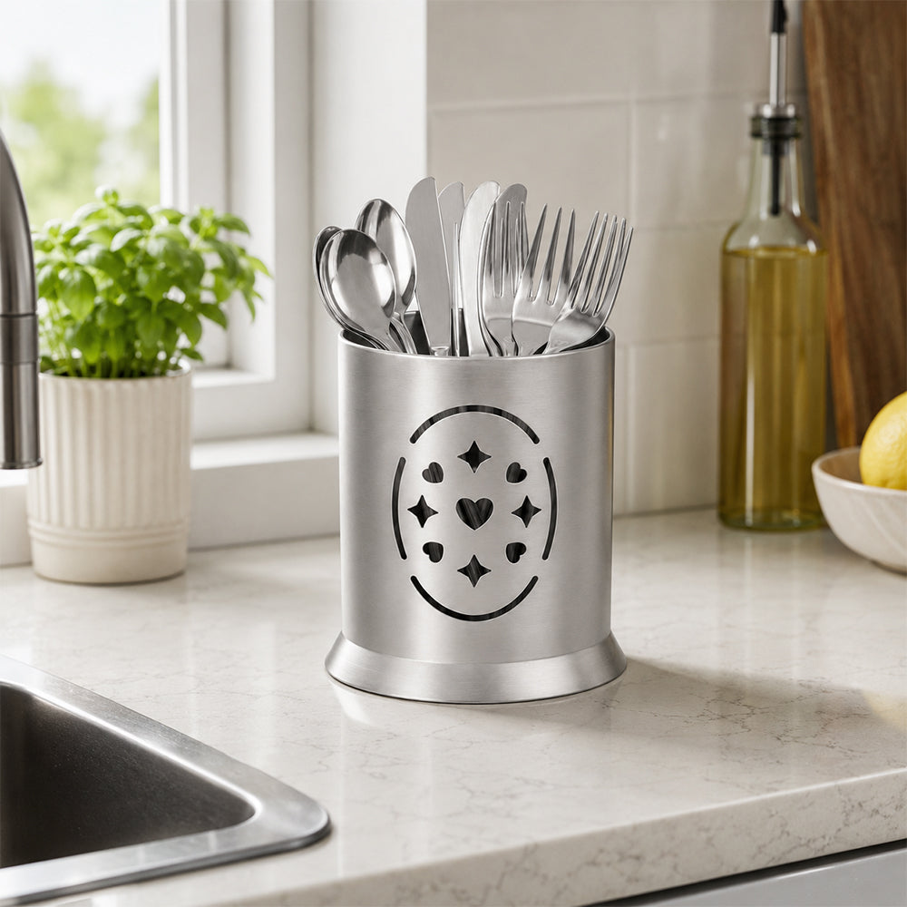Stainless Steel Cutlery Holder with Drain Holes for Spoons, Forks & Knives