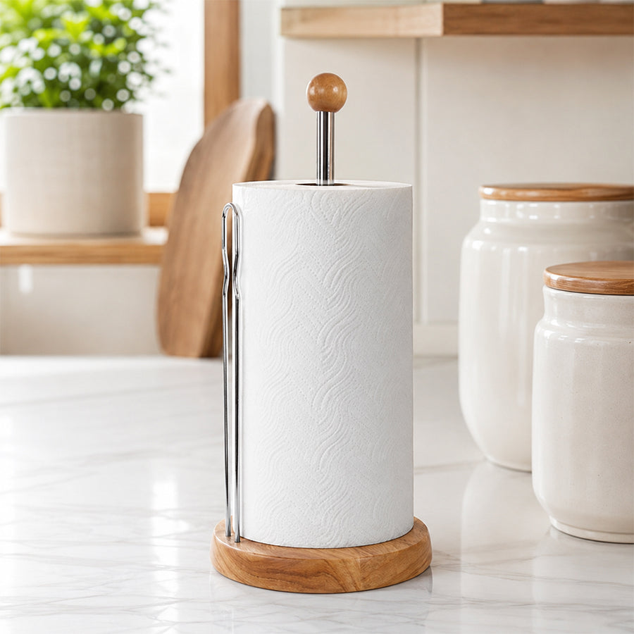Wooden Countertop Paper Towel Holder with Chrome Rod & Side Support