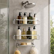 2-Tier Aluminium Hanging Shower Caddy with Soap Tray & Hooks - Silver