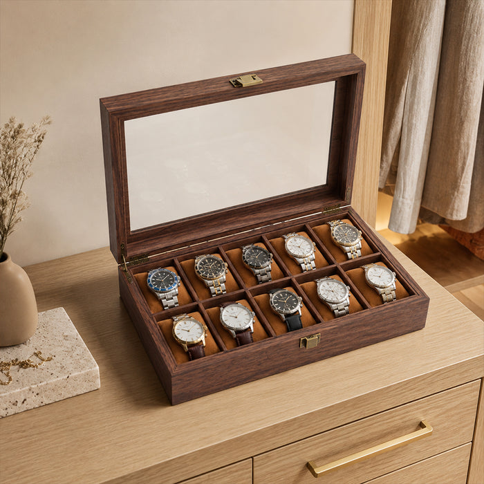 10-Slot Wooden Watch Storage Box with Glass Display Lid