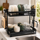 Large 2-Tier Dish Drying Rack with Drain Board & Utensil Holder - Black