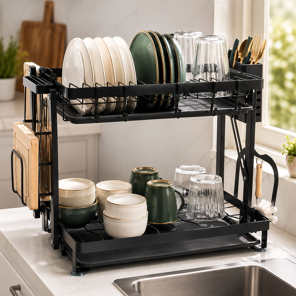 Large 2-Tier Dish Drying Rack with Drain Board & Utensil Holder - Black