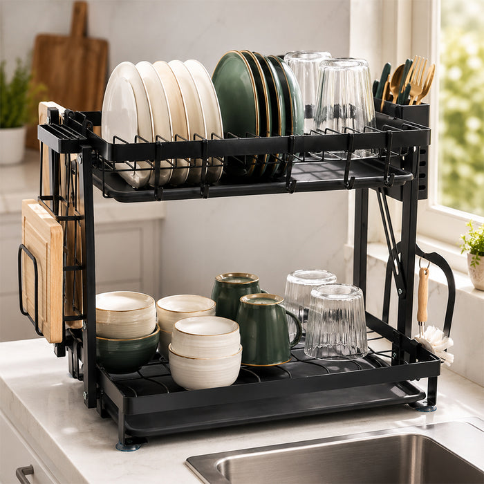 Large 2-Tier Dish Drying Rack with Drain Board & Utensil Holder - Black