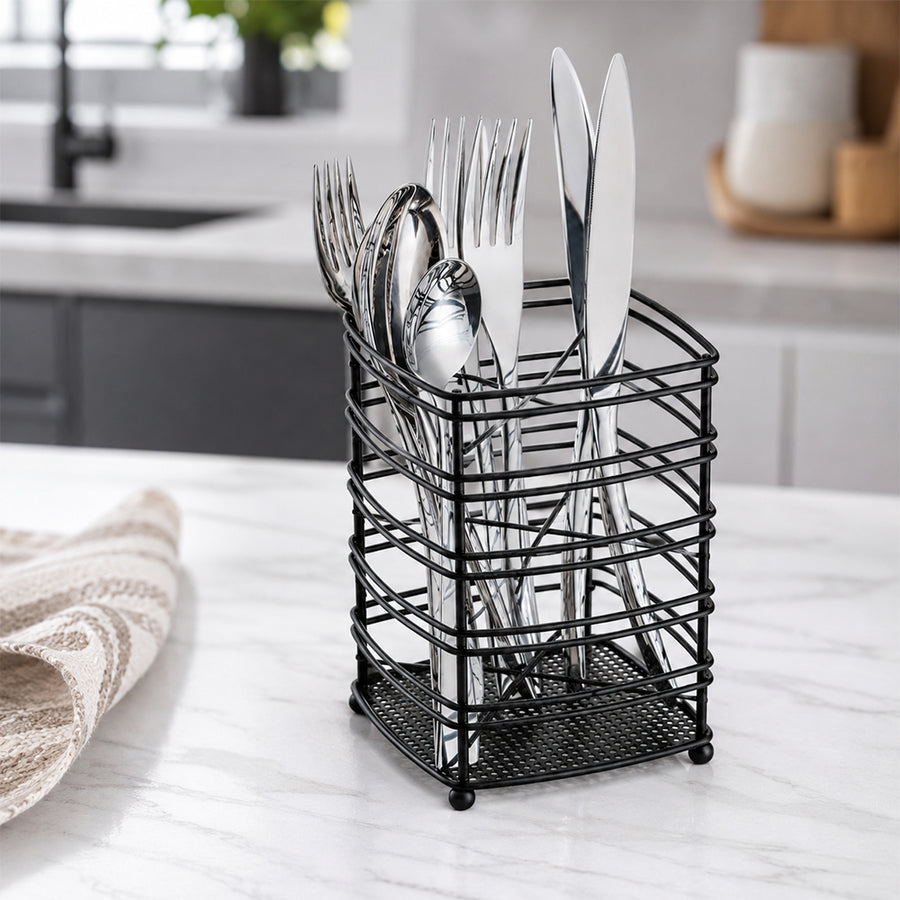 Steel Cutlery Holder with Drain Base for Spoons, Forks & Knives - Black