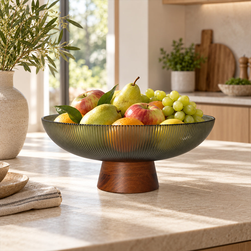 Glass Fruit Bowl with Wooden Pedestal - 25.5cm