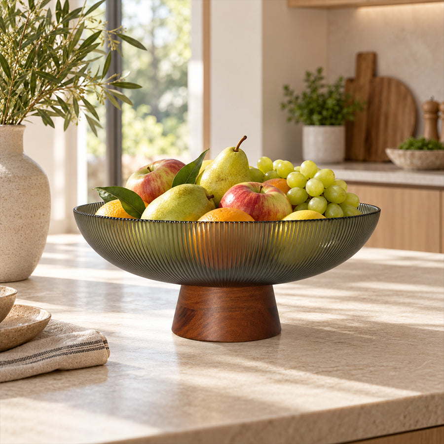 Glass Fruit Bowl with Wooden Pedestal - 25.5cm
