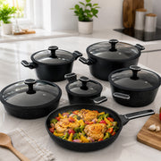 10 Pieces Premium Speckled Non-Stick Cookware Set with Glass Lids - Black