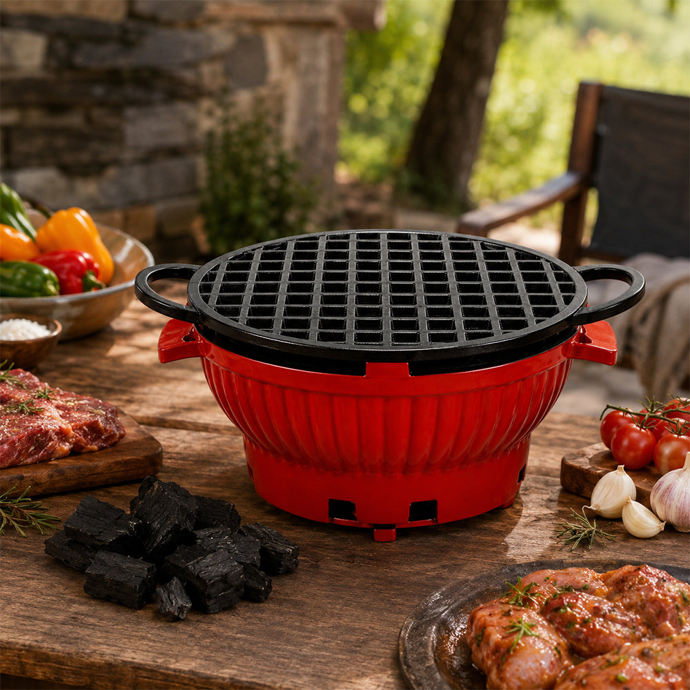 26cm Cast Iron Enamel Charcoal Grill Furnace with Grate - Red