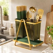 Double Cutlery and Utensil Holder with Drip Tray - Gold & Green