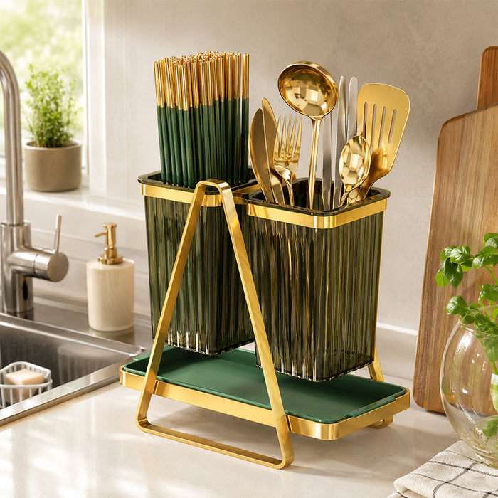 Double Cutlery and Utensil Holder with Drip Tray - Gold & Green
