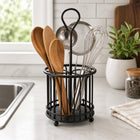 Black Steel Kitchen Utensil Holder with Drain Base for Cooking Tools