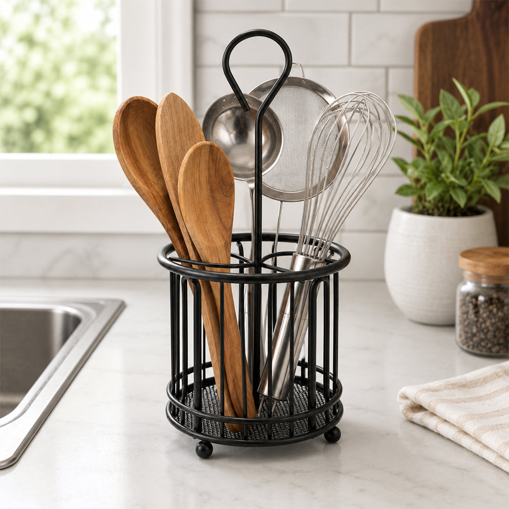Black Steel Kitchen Utensil Holder with Drain Base for Cooking Tools