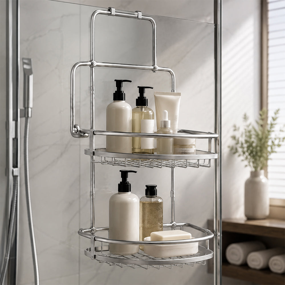 2-Tier Hanging Steel Bathroom Organizer Shower Caddy - Silver