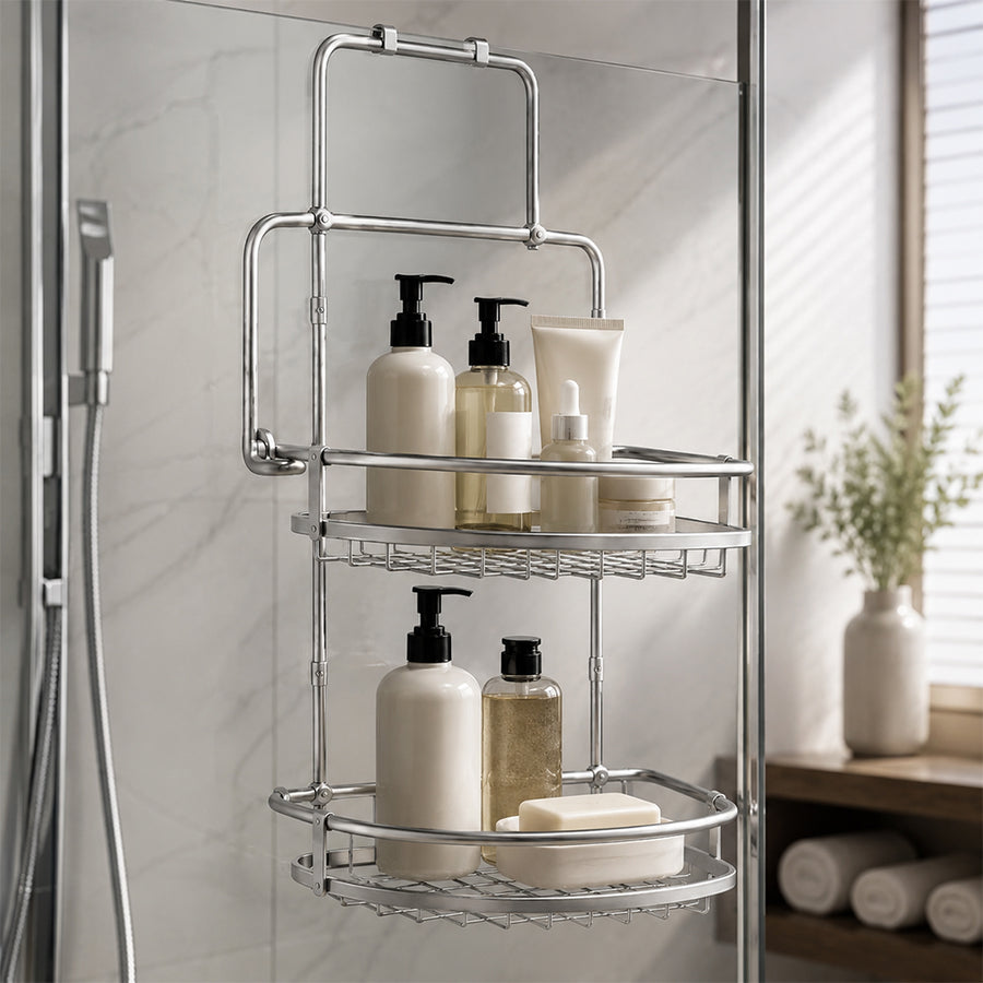 2-Tier Hanging Steel Bathroom Organizer Shower Caddy - Silver
