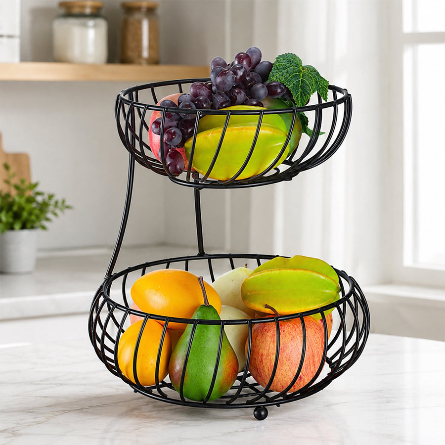 2-Tier Round Fruit Basket Stand for Kitchen Countertop - Black
