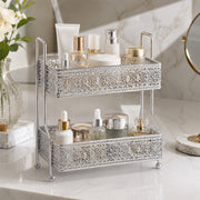 2-Tier Decorative Iron Storage Rack for Bathroom, Kitchen & Vanity - Silver