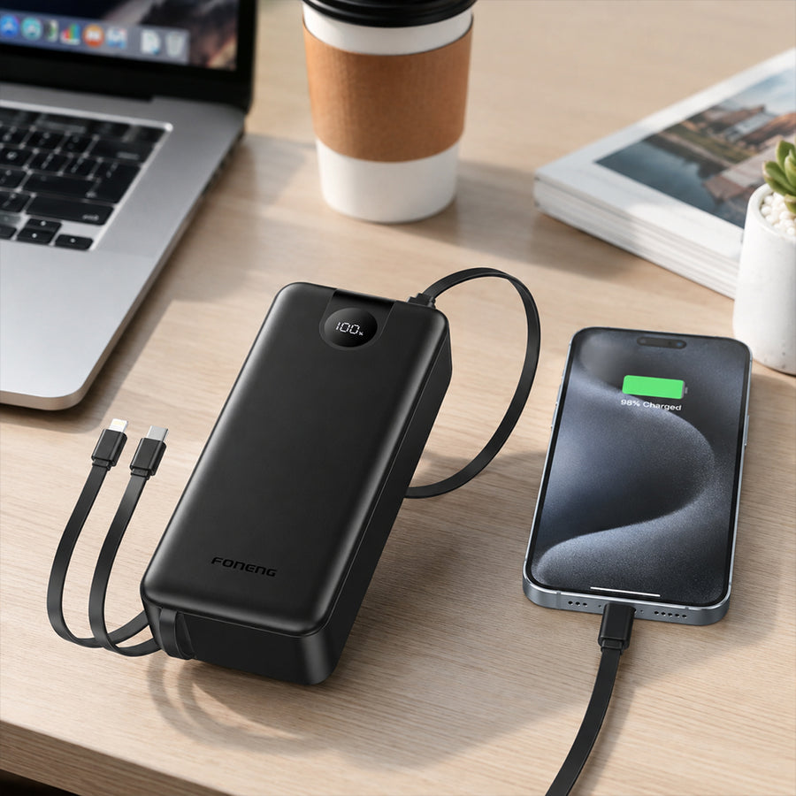 FONENG 30000mAh 22.5W Fast Charging Power Bank with 3 Built-In Cables