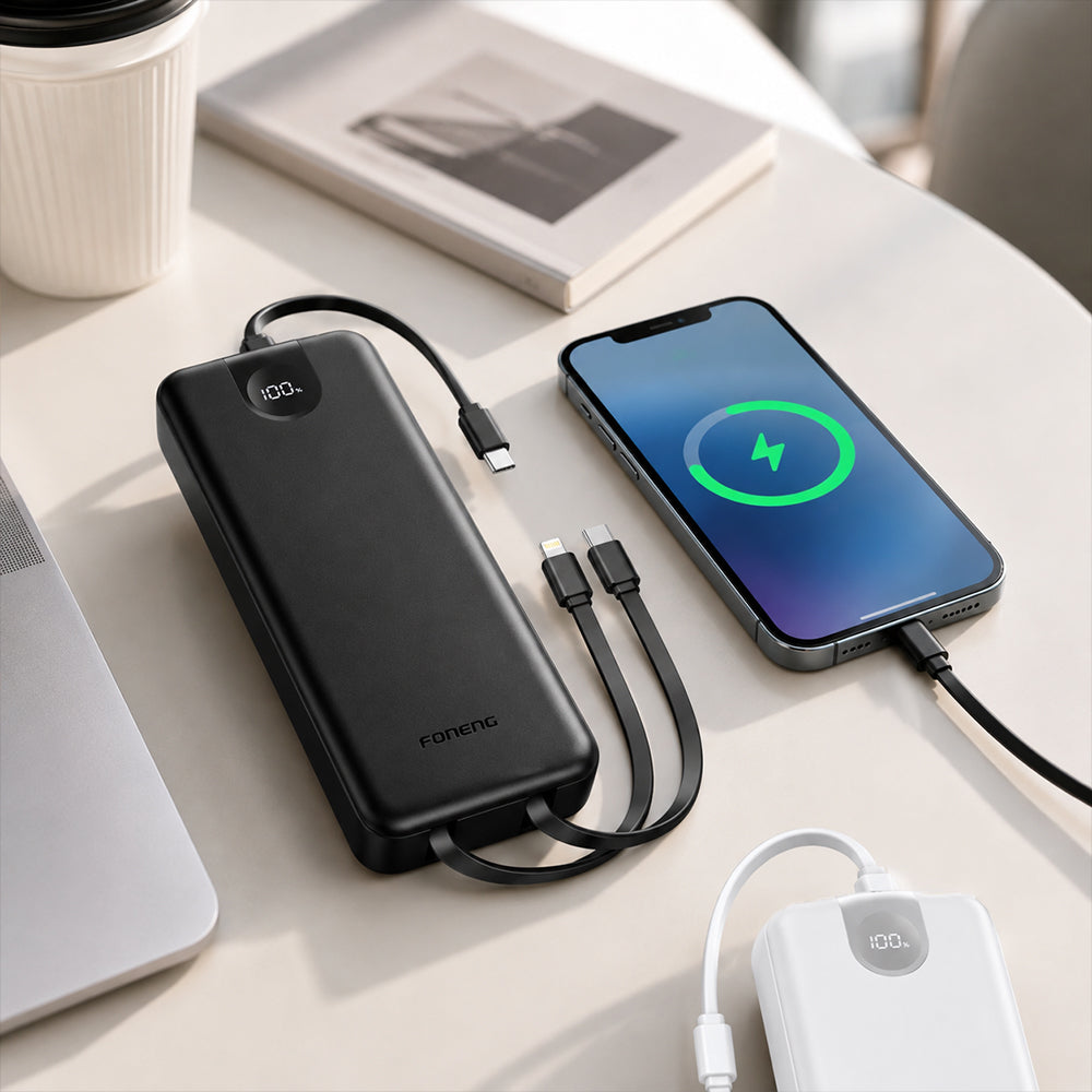 FONENG 20000mAh 22.5W Fast Charging Power Bank with 3 Built-In Cables