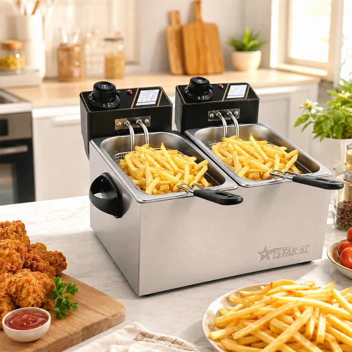 8L Dual Basket Electric Deep Fryer 3000W with Adjustable Temperature Control