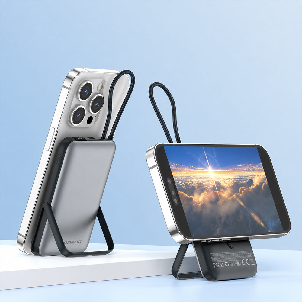 FONENG 10000mAh 22.5W Magnetic Wireless Power Bank with Built-In Cable & Stand