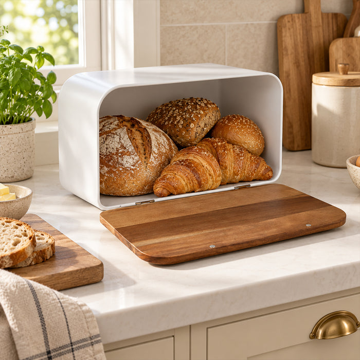Stainless Steel Bread Bin with Wooden Lid 35.4cm