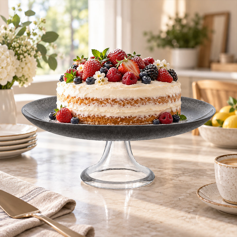 Smoky Grey Glass Pedestal Cake Stand - 28cm