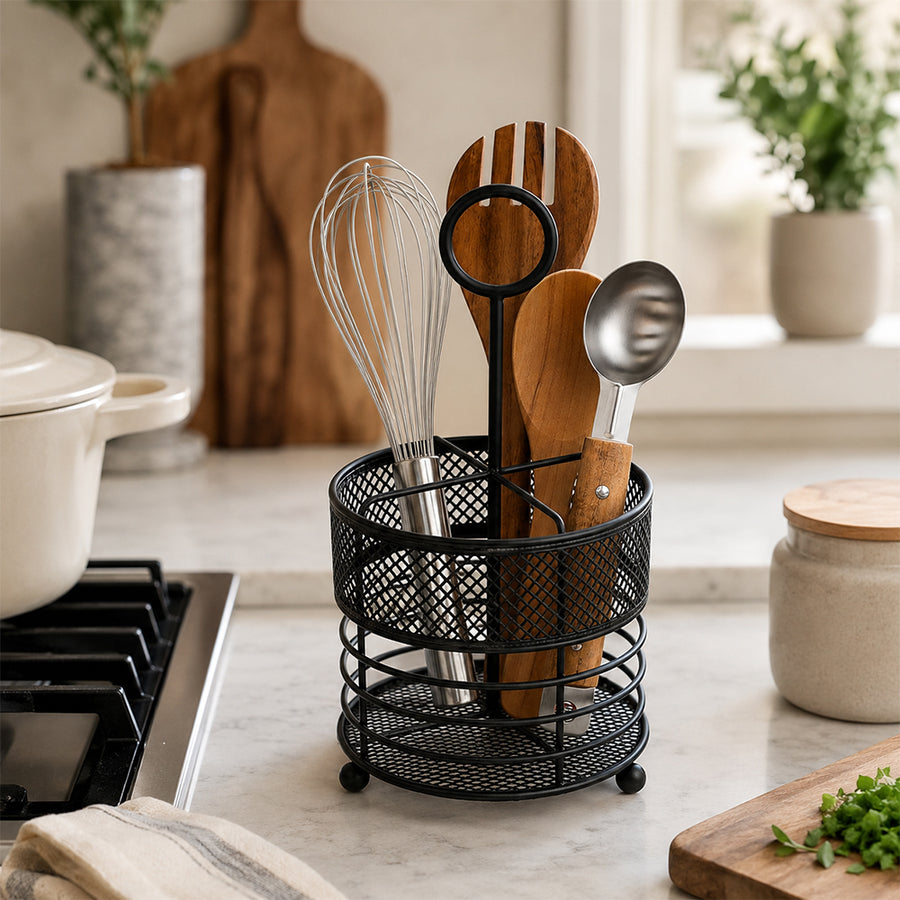 Steel Kitchen Utensil Holder with Mesh Drain Base for Cooking Tools - Black