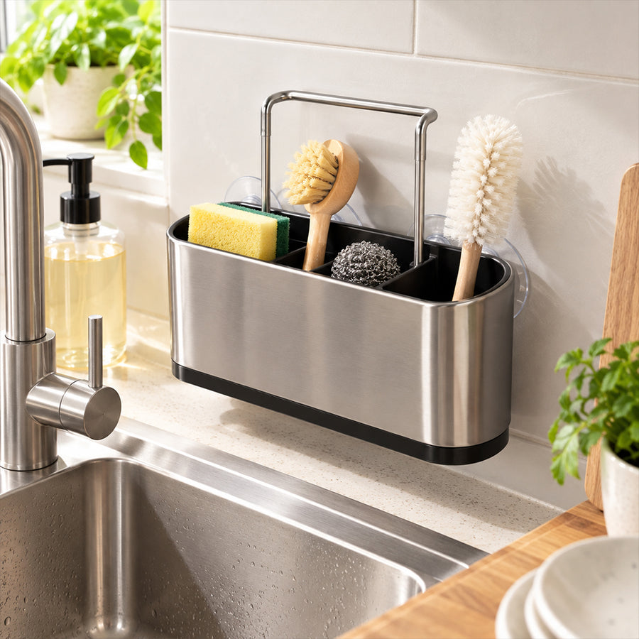 3-Compartment Cleaning Storage Rack with Suction Cups - 17.2cm