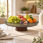 Ribbed Glass Fruit Plate with Wooden Pedestal - 25.5cm