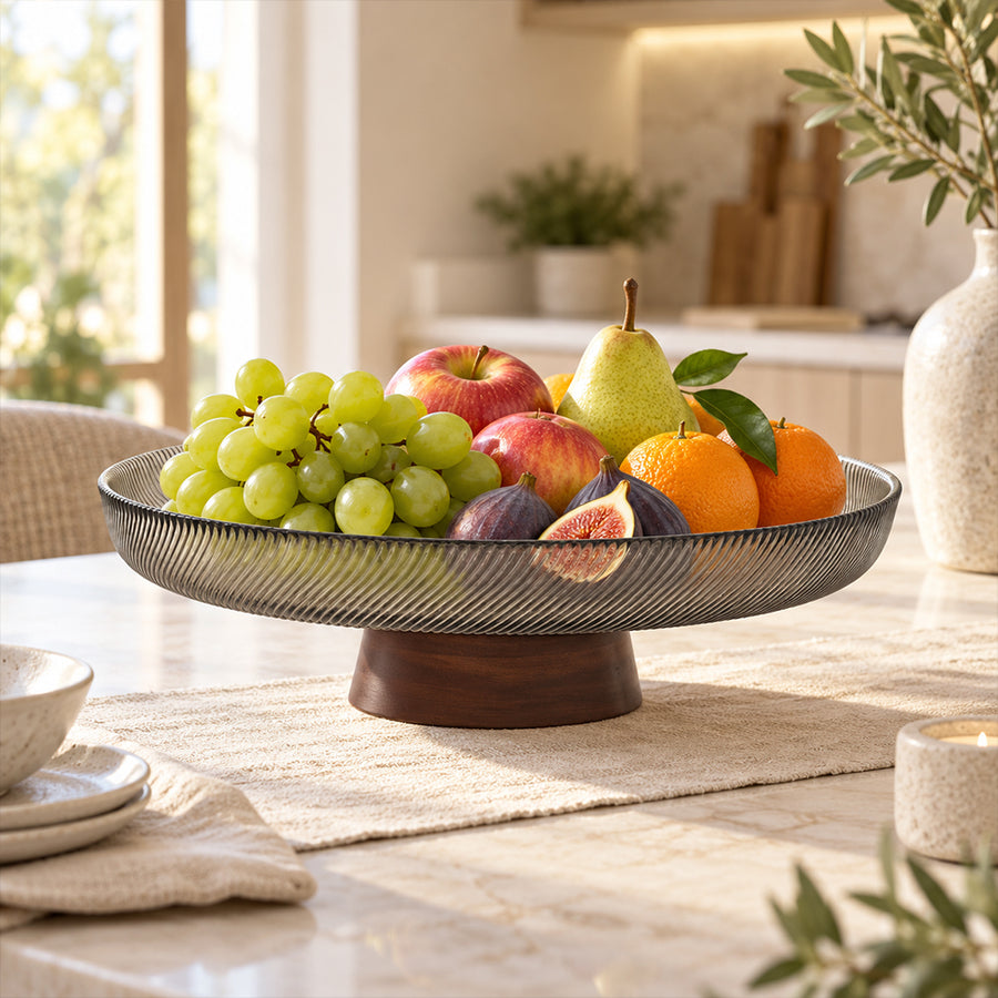 Ribbed Glass Fruit Plate with Wooden Pedestal - 25.5cm