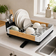 Aluminium Dish Drainer Rack with Wooden Side Panels & Utensil Holder