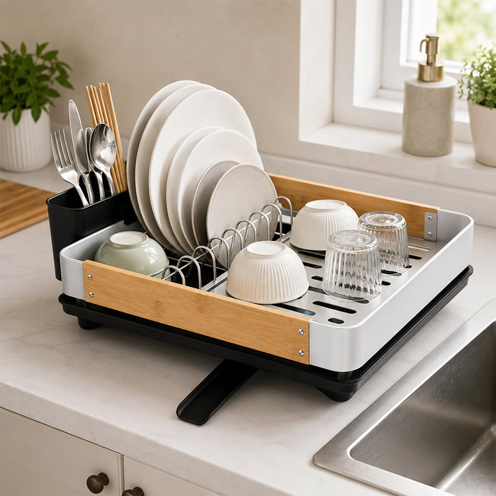 Aluminium Dish Drainer Rack with Wooden Side Panels & Utensil Holder
