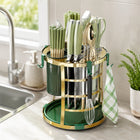 Round Cutlery and Knife Holder with Drain Tray - Gold & Green